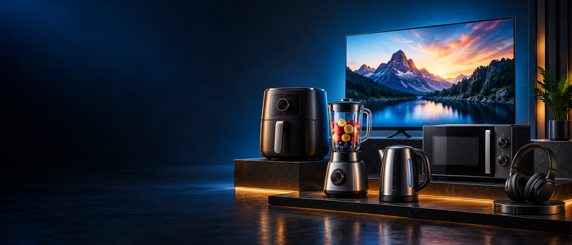 A modern collection of home electronics and kitchen appliances